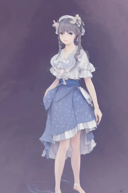 Prompt: a character design of a young lolita dressed girl, full body, grey and blue theme, wavy white long hair by krenz cushart and mucha and akihito yoshida and makoto shinkai and greg rutkowski, 4 k resolution