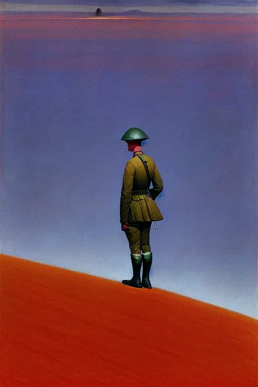 Image similar to world war 1 soldier goes into horizon, edward hopper and james gilleard zdzislaw beksisnski higly detailed