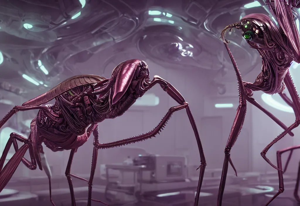 Prompt: a highly detailed mantis - like alien abomination escaping towards the camera, in a biotech lab, from love death and robots ( 2 0 1 9 ). coherent portrait, intricate, elegant, suspense environment, digital photo, trending on artstation, hdr photo, smooth, sharp focus
