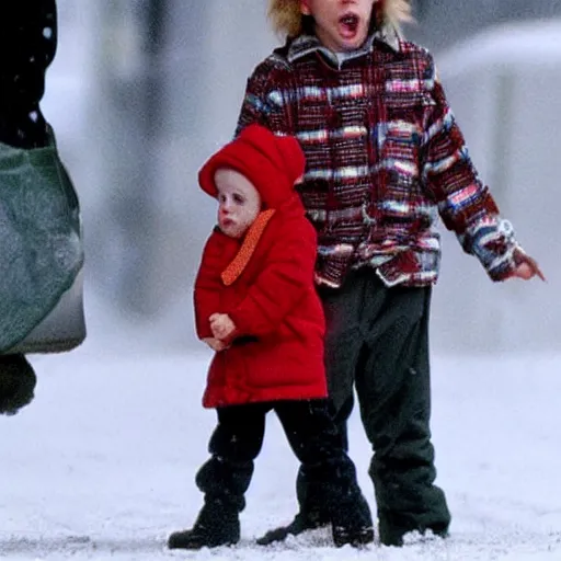 Image similar to macaulay culkin as a miserable shoe in winter