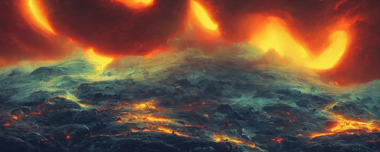 Prompt: ” outer planet with flowing rivers of magma, storm clouds and erupting volcanoes, [ art by paul lehr, cinematic, detailed, epic, widescreen, opening, establishing, mattepainting, photorealistic, realistic textures, octane render ] ”