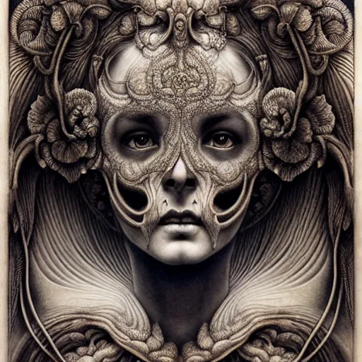 Prompt: detailed realistic beautiful calaveras death goddess face portrait by jean delville, gustave dore, iris van herpen and marco mazzoni, art forms of nature by ernst haeckel, art nouveau, symbolist, visionary, gothic, neo - gothic, pre - raphaelite, fractal lace, intricate alien botanical biodiversity, surreality, hyperdetailed ultrasharp