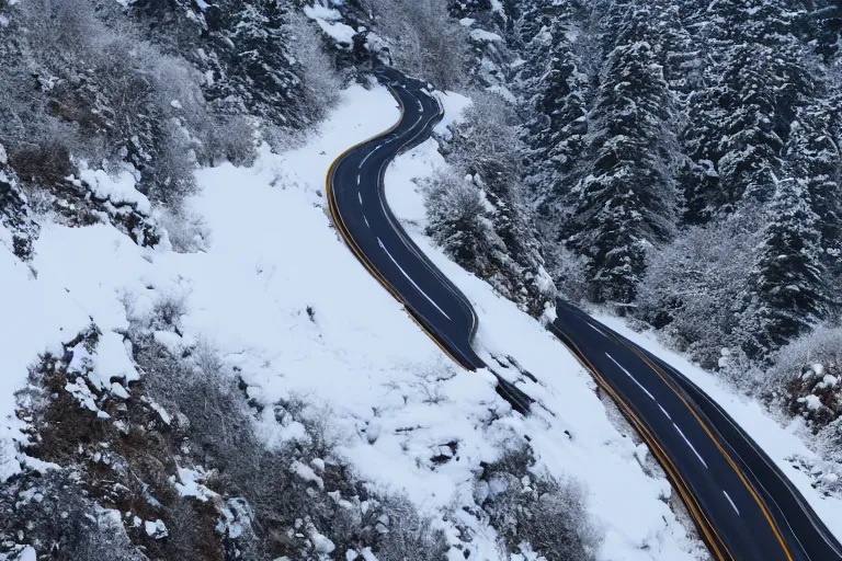 Image similar to a dangerous winding road route on an icy snowy cliff edge, blizzard, photo