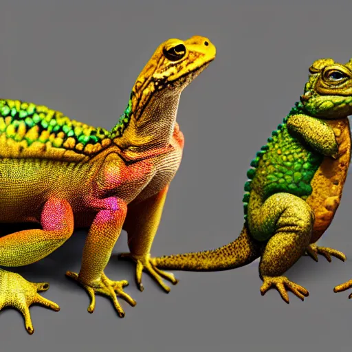 Prompt: three animals,trio, toad with wings front view and rainbow reptile front view and golden lizard front view, trio, artstation, concept art, master illustration, details, good clear quality, fun - w 704