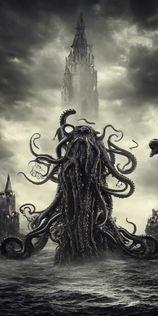 Image similar to extra wide view. Kraken. marvellous magic. Ominous. Gothic medieval baroque. Dry ground cracks. Cinematic. Epic composition. Realistic cinematography. Hyper-detailed. 8k