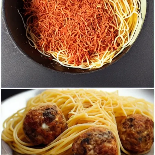 Image similar to On top of spaghetti, All covered with cheese, I lost my poor meatball, When somebody sneezed, It rolled off the table, And onto the floor, And then my poor meatball, Rolled out of the door