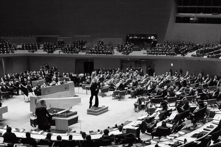 Prompt: The Prime Minister of Sweden, Magdalena Andersson, playing a drums on stage in the UN Assembly Hall. Cinematic lighting, photorealistic, cinematography by Stanley Kubrick. 8k.