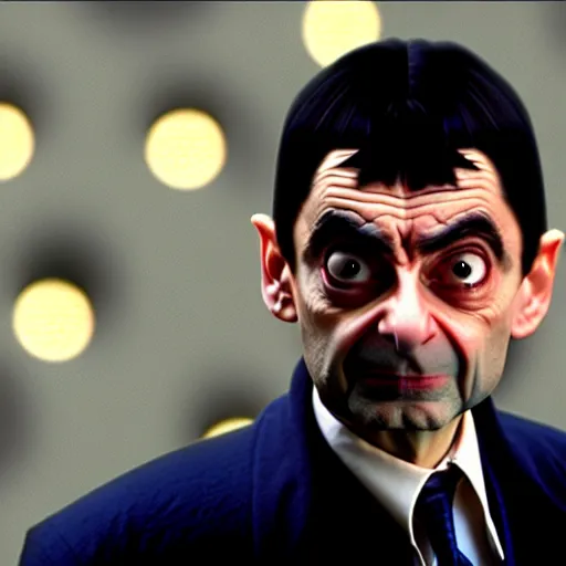 Prompt: mr. bean as morpheus from the matrix. movie still. slow motion. cinematic lighting.