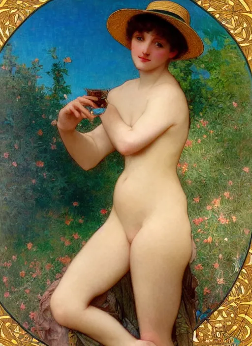 Image similar to leslie burke with straw hat, bouguereau and art nouveau mucha