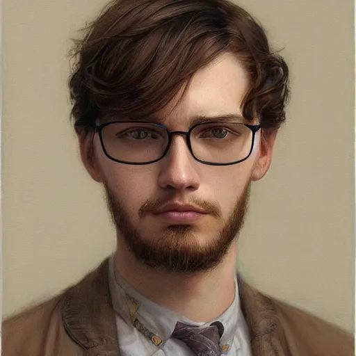 Prompt: Swedish 22 year old male with messy light brown hair and face stubble wearing glasses portrait art by Donato Giancola and Bayard Wu, digital art, trending on artstation, 4k