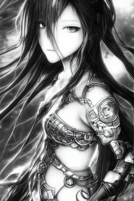 Image similar to a vertical portrait of a character in a scenic environment by Yoshitaka Amano, black and white, dreamy, cybernetic armor, wavy long black hair, highly detailed