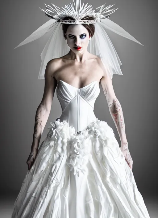 Image similar to photo of harley queen in a white wedding dress, symmetry, awesome exposition, very detailed, highly accurate, intricate, professional lighting diffracted lightrays, 8 k, sense of awe