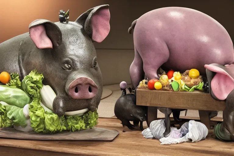 Prompt: nigel farage as a pig laying on top of vegetables on a table, a bronze sculpture by jeff a. menges, trending on pinterest, hyperrealism, hyper - realistic, hyper realism, playstation 5 screenshot