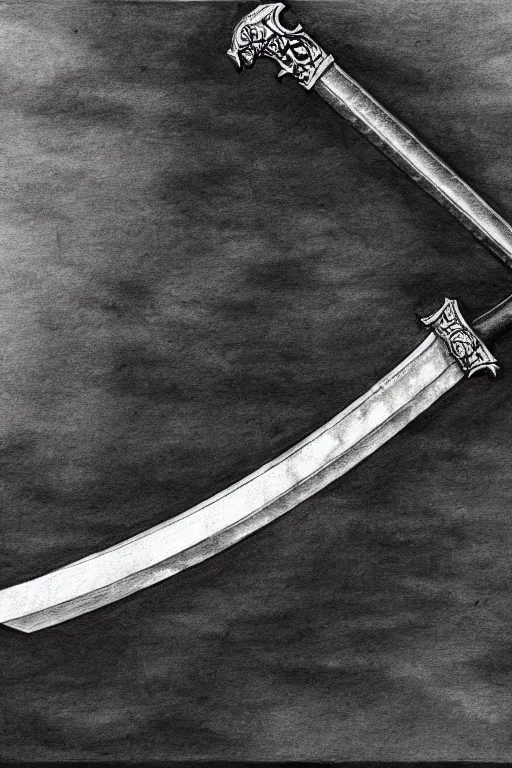 Image similar to intricate, realistic ink drawing of a katana sword in a splash of ink, centered, fully visible 8 k