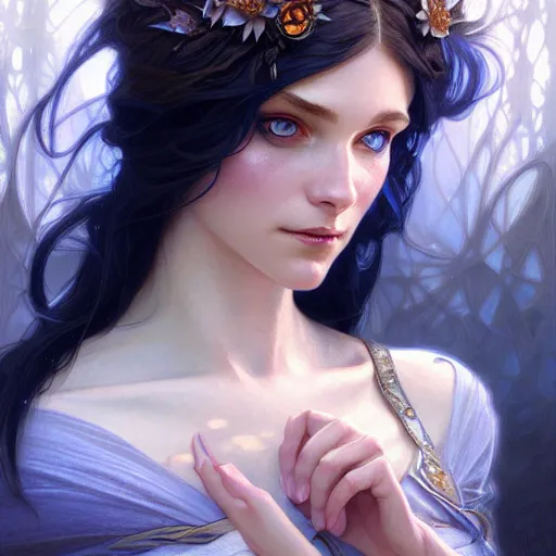 Image similar to Portrait of fairy woman, D&D, blue eyes, face, fantasy, intricate, elegant, highly detailed, digital painting, artstation, concept art, smooth, sharp focus, illustration, art by artgerm and greg rutkowski and alphonse mucha