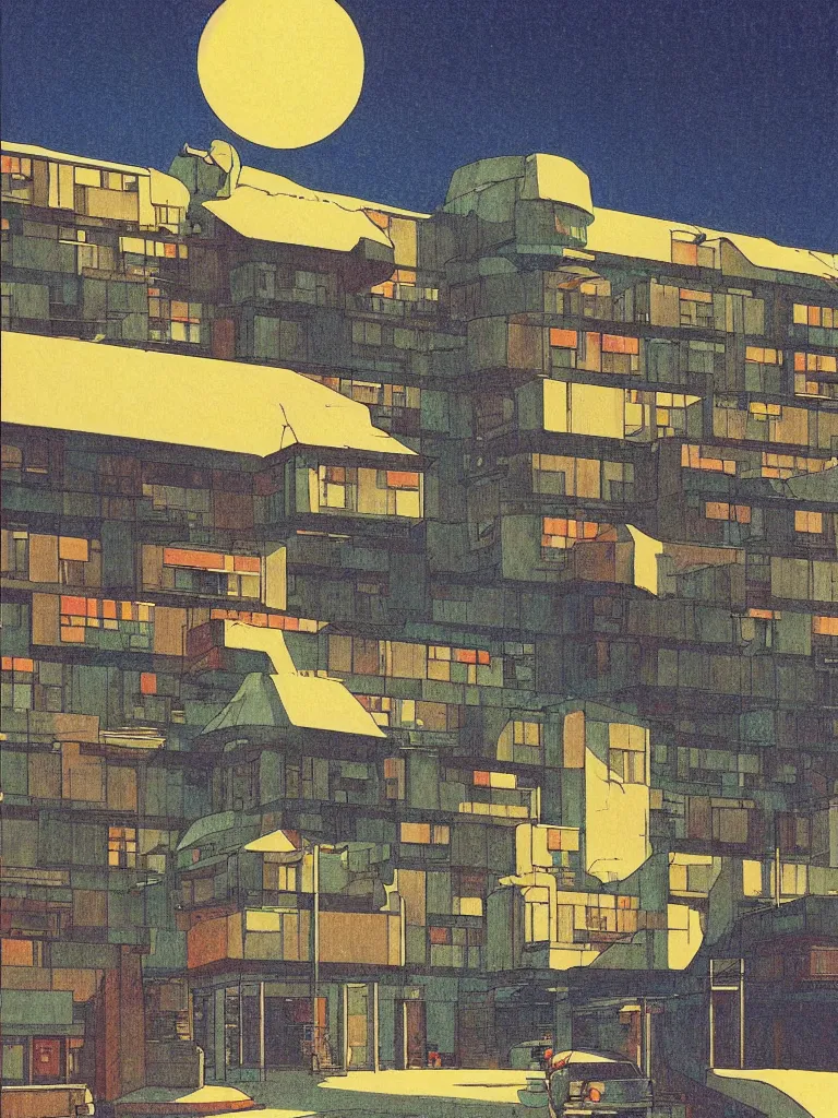 Prompt: a psychedelic hallucination of a brutalist hotel in the snowy mountains, by kawase hasui, moebius, edward hopper, colorful flat surreal design, dramatic lighting, hd, 8 k, artstation