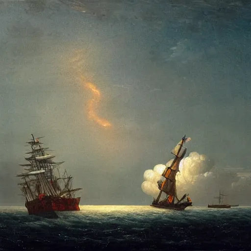 Image similar to clouds made out of the universe with luminous skies and a ship sailing in the distance, fitz Henry lane, painting, detailed