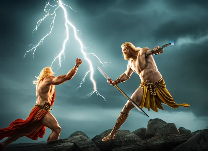 Image similar to photo of zeus throwing lightning spear at chronos. mythology style. highly detailed 8 k. intricate. lifelike. soft light. sony a 7 r iv 5 5 mm. [ cinematic post - processing ].