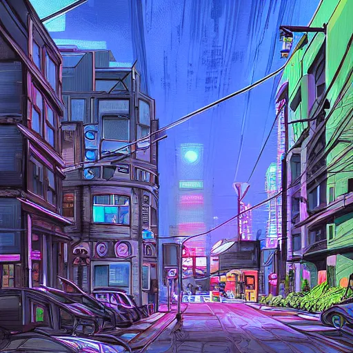 Image similar to stark street in portland oregon, cyberpunk, digital painting