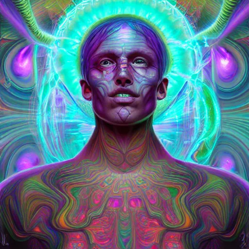 Image similar to a psychedelic being living in an extradimensional reality, in the style of wlop and alex grey, illustration, epic, fantasy, hyper detailed, smooth, unreal engine, sharp focus, ray tracing