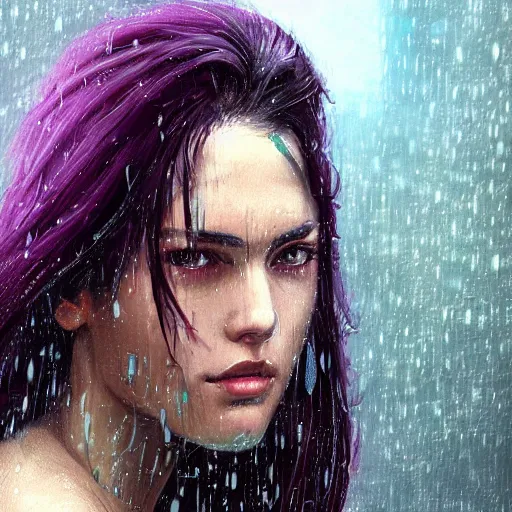 Image similar to very detailed masterpiece painting of a very beautiful wet young cyberpunk woman with olive skin, dark purple hair and cybernetics, cyberpunk background, raining, closeup, portrait, artstation, concept art by greg rutkowski