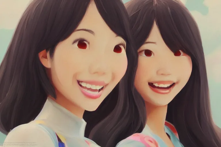 Image similar to a painting of cute Asian girls smiling, in the style of Pixar animation, low angle view, 16mm lens, award winning, hyper detailed, dramatic lighting, artstation, octane renderer, unreal engine