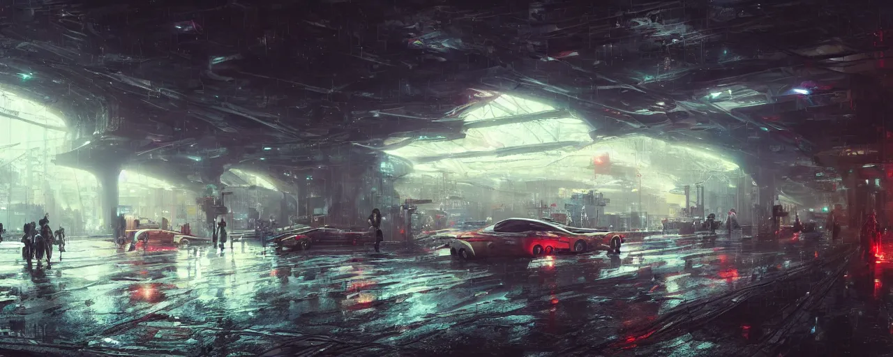 Prompt: under a highway bridge of a cyberpunk city, rain, night, flying shuttles, advertising pannels, rays of light, james gurney, greg rutkowski, unreal engine 5, artstation, sharp focus, award winning