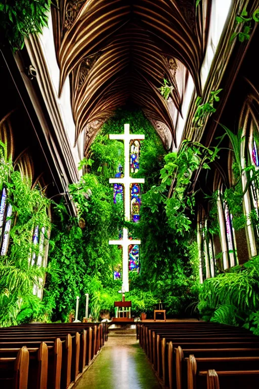 Image similar to photo inside a church overgrown by lush plants, ornate