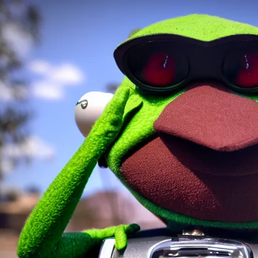 Image similar to Kermit the frog driving a semi truck 4k hd photo journalism