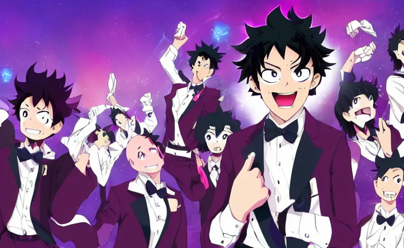 Image similar to a guy with black hair, wears a comedian purple suit and a red bowtie, anime character design key visual, Official media from My Hero Academia, sharp, 4k HD