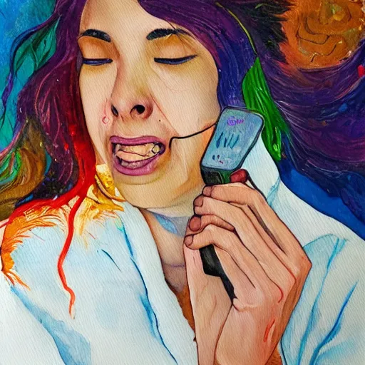 Prompt: IT customer support worker cries after influx of calls, canvas, oil, watercolor, hyper detailed, elegant, very very very very beautiful.