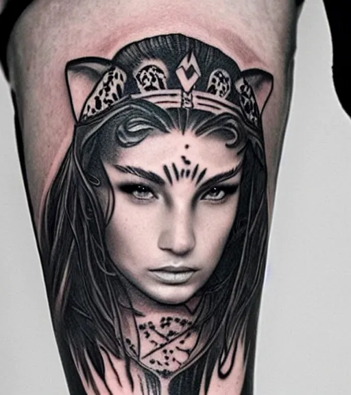 Image similar to tattoo design of a beautiful girl warrior under a tiger head, hyper realistic, realism tattoo, by eliot kohek, beautiful eyes, realistic face, black and white, white background