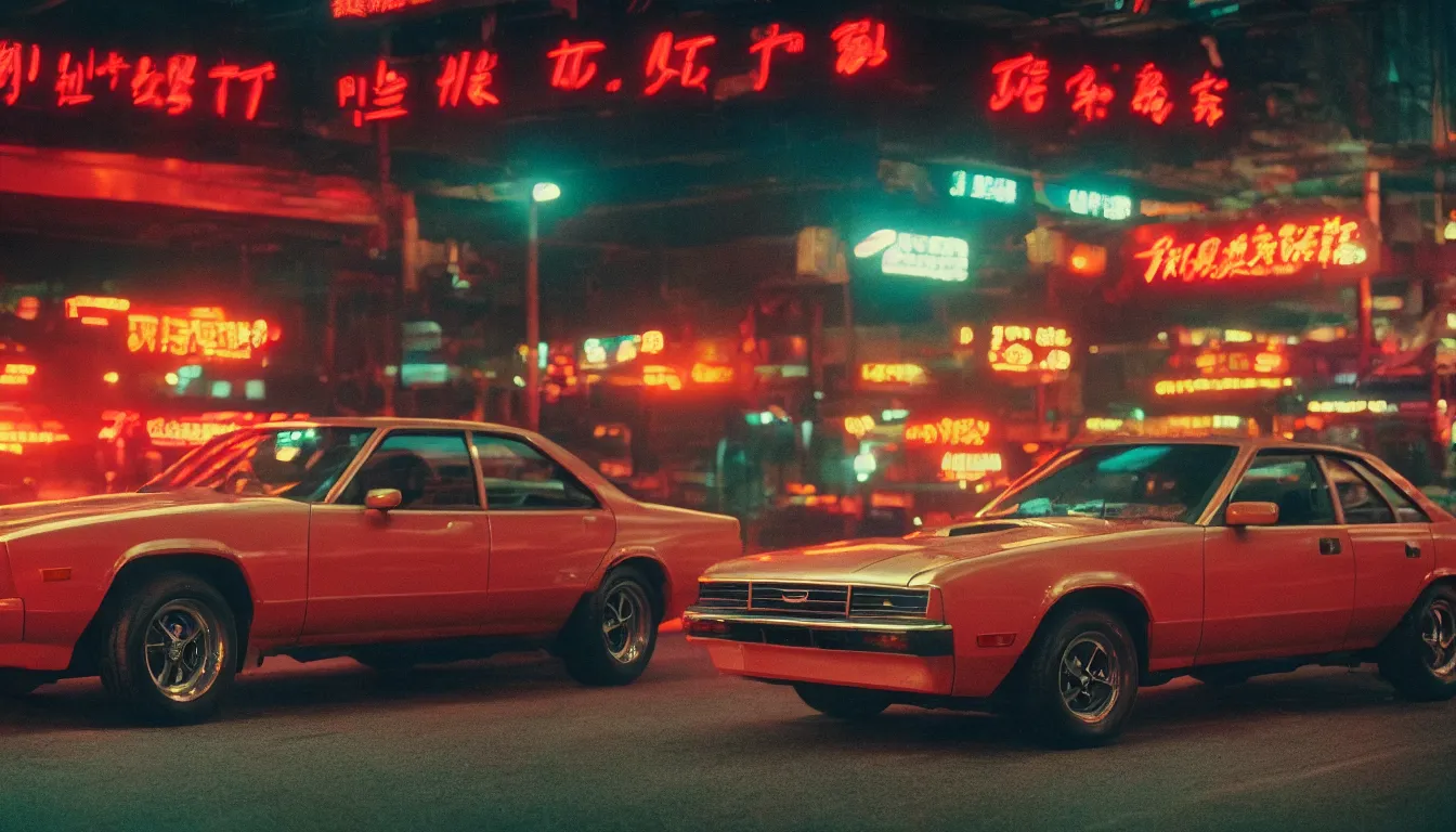 Image similar to 8 0 s asian neon movie still, portrait of a vintage muscle car, medium format color photography, blurred background, movie directed by kar - wai wong, hyperrealistic, photorealistic, high definition, highly detailed, tehnicolor, anamorphic 5 0 mm lens