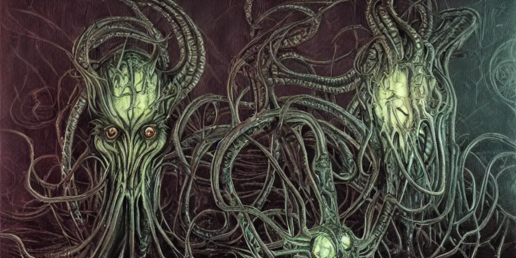 Image similar to elder god nyarlathotep lovecraftian h. p, terror, art by paulc carrick, dave carson, john coulthart, lee brown coye, h. r giger, stephen hickman, 8 k, hd, illumination, lighting, raytracting, dark, lovecraft, arkham, grotesque