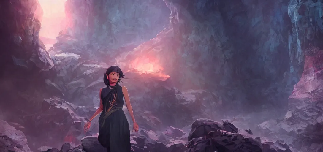 Image similar to Full body portrait of a Himalayan woman in a sleeveless dress,exploring a cave with glowing crystals, dark colors, ominous, somber, detailed, by Studio trigger, wojtek fus, by Makoto Shinkai and Ilya Kuvshinov