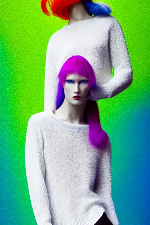 Image similar to stylish pullover for a rave bright colors, many details, photo for a magazine, photo for a store, fashion photography, Vogue, cinematic, hyper realism, high detail, 8k, very coherent symmetrical work, perfect face model, full length photo, Upper and lower body, white eyes, photographer style by Nik Night Erik Madigan Hec and Walter Chin and Camilla Akrans and Miles Aldridge