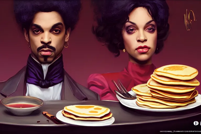 Prompt: portrait of the artist formally known as prince with a plate of pancakes, casino on fire los vegas, charlie bowater, artgerm, ilya kuvshinov, krenz cushart, ruan jia, realism, ultra detailed, 8 k resolution