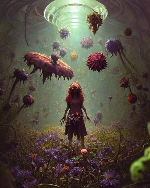 Image similar to the platonic ideal of flowers, rotting, insects and praying of cletus kasady carnage davinci dementor chtulu mandelbulb ponyo alice in wonderland dinotopia watership down botw, fantasy, ego death, decay, dmt, psilocybin, concept art by greg rutkowski and simon stalenhag and alphonse mucha