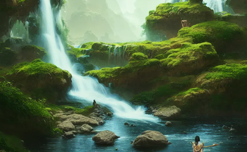 Image similar to flowing waterfall + lush rockscape + gushing clear water full of fish and algae, highly detailed, digital painting, artstation, concept art, smooth, sharp focus, illustration, art by wlop, mars ravelo and greg rutkowski