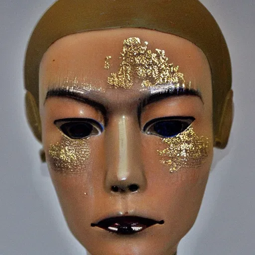 Prompt: fashion model face with cracked porcelain skin lines filled with gold in the kintsugi style, highly detailed