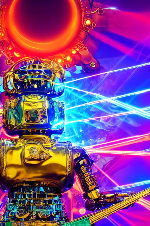 Image similar to portrait photo of a giant huge golden and blue metal futuristic steampunk robot covered with multicolored big gears and tubes, robot holds a red fender stratocaster, eyes are glowing red lightbulbs, shiny crisp finish, 3 d render, 8 k, insaneley detailed, fluorescent colors, background is multicolored lasershow