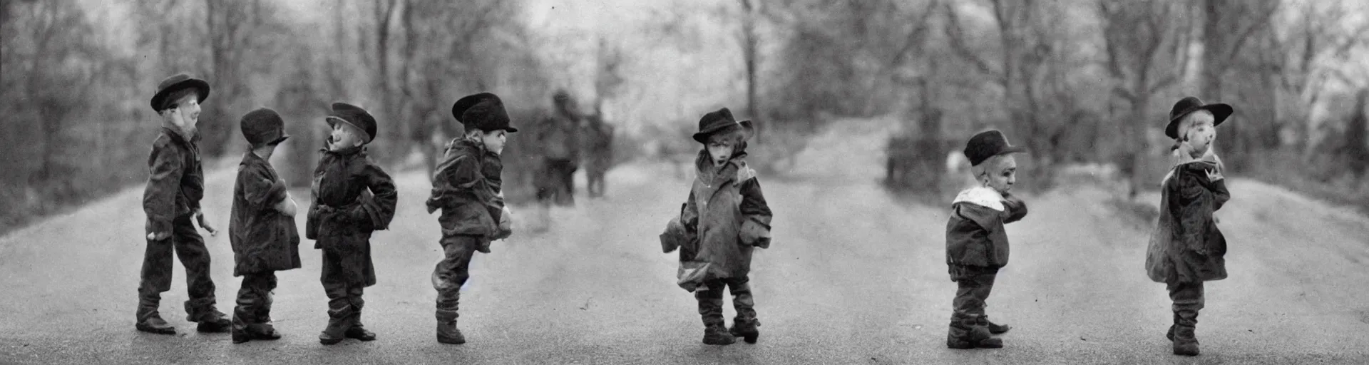 Prompt: A little boy in a hat tells a story to his sister that he saw a man who puts photos of fallen heroes of the Soviet Union on the roads gothic style, 2k