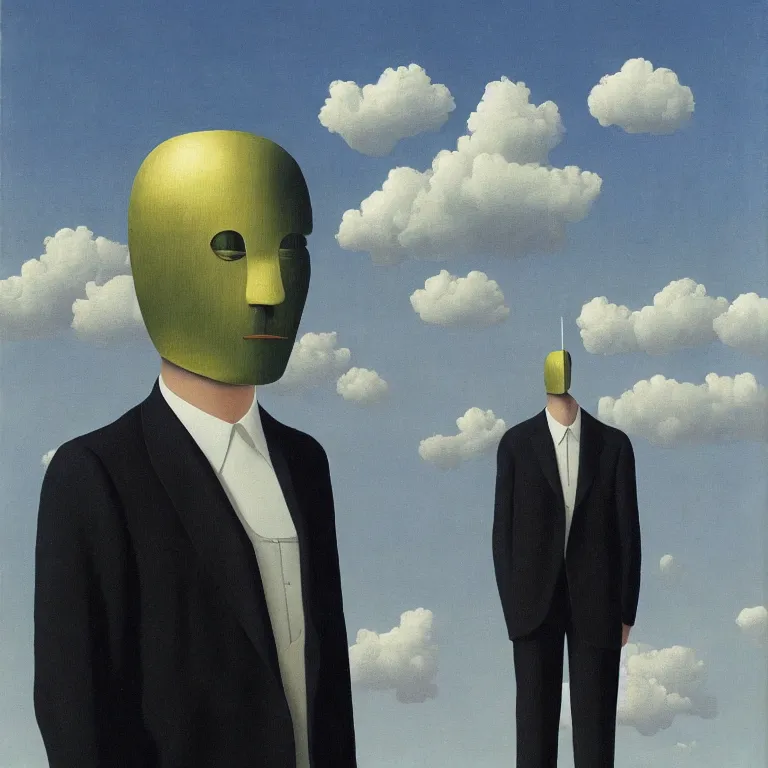 Image similar to portrait of a faceless chrome - head man in a suit, clouds in the background, by rene magritte, detailed painting, distance, centered, hd, hq, high resolution, high detail, 4 k, 8 k