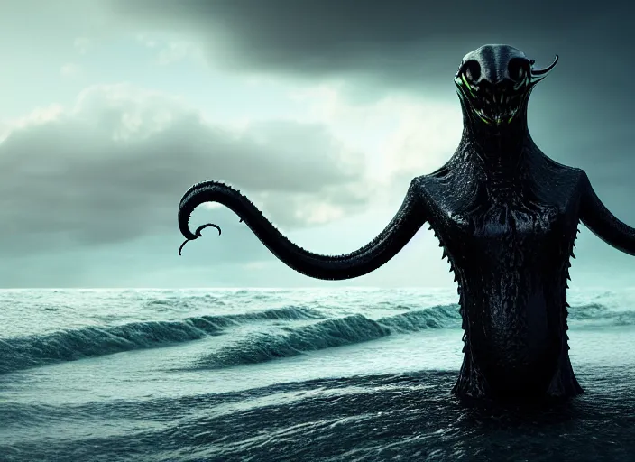 Image similar to a stunning cinematic extreme wide shot of an adorable fearful slick sleek smooth humanoid sea monster wearing clothes made of seaweed on a dark stormy beach, well designed perfect with huge luminous sad eyes, sharp claws, cgsociety, hd octane render, fantasy, furry art, artstation, deviantart, furaffinity, very very clean