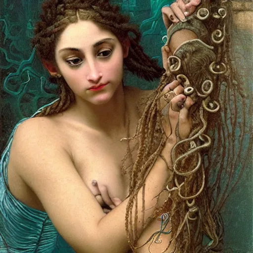 Image similar to intricate detail, hyper detail, drunk woman, very tired, wearing full body mans suite, hazel green eyes, teal eyebrows, with aqua neon rapunzel dreadlocks, detailed, by h. r. giger and bouguereau, masterpiece, sharp focus,