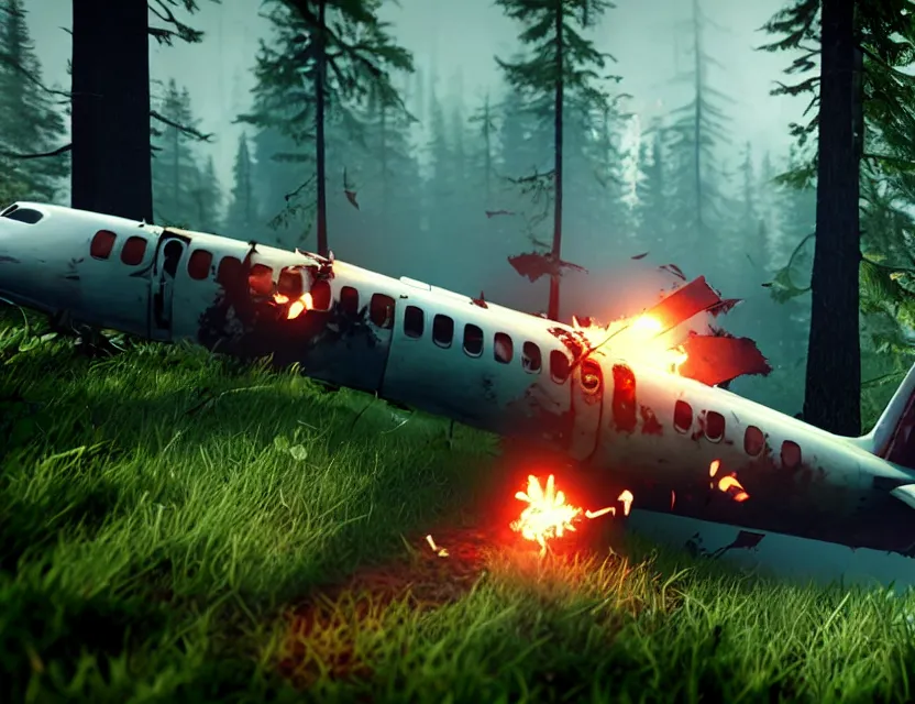 Image similar to a the forest game screenshot with a crashed plane, player is holding a lighter. ultra realistic