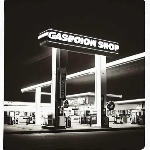 Image similar to “gas station photography,night, neon, various subjects, cinestill 800t, in the style of William eggleston”