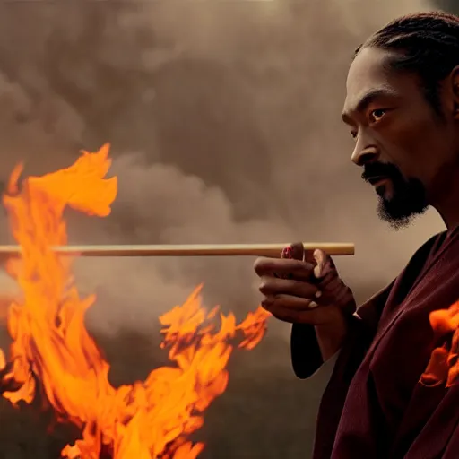 Image similar to cinematic film still of Snoop Dogg starring as a Samurai holding fire, Japanese CGI, VFX, 2022, 40mm lens, shallow depth of field, film photography