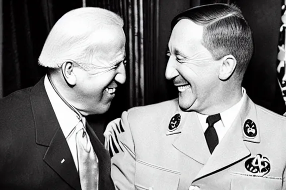 Image similar to “ very very intricate photorealistic photo of hitler and joe biden laughing together, detailed natural lighting, award - winning crisp details ”