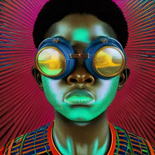 Image similar to colourful vfx upper half - portrait - art of a nigerian boy wearing steam punk goggles, art by utagawa kunisada & james jean, symmetrical, intricate detail, concept art, volumetric light, ray tracing, digital illustration, octane 3 d render, unreal engine, sharp, 8 k post process, pinterest, behance, art station,